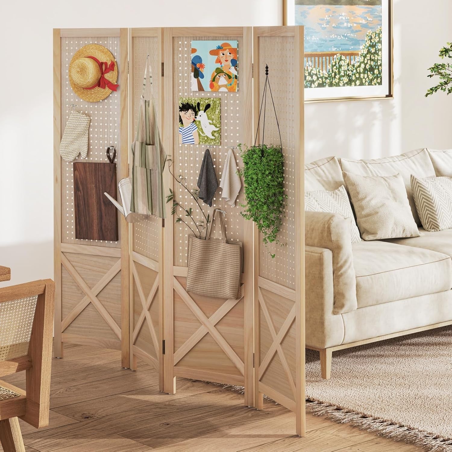 4 Panel Natural Wood Folding Room Divider with Pegboard Display for Home Office