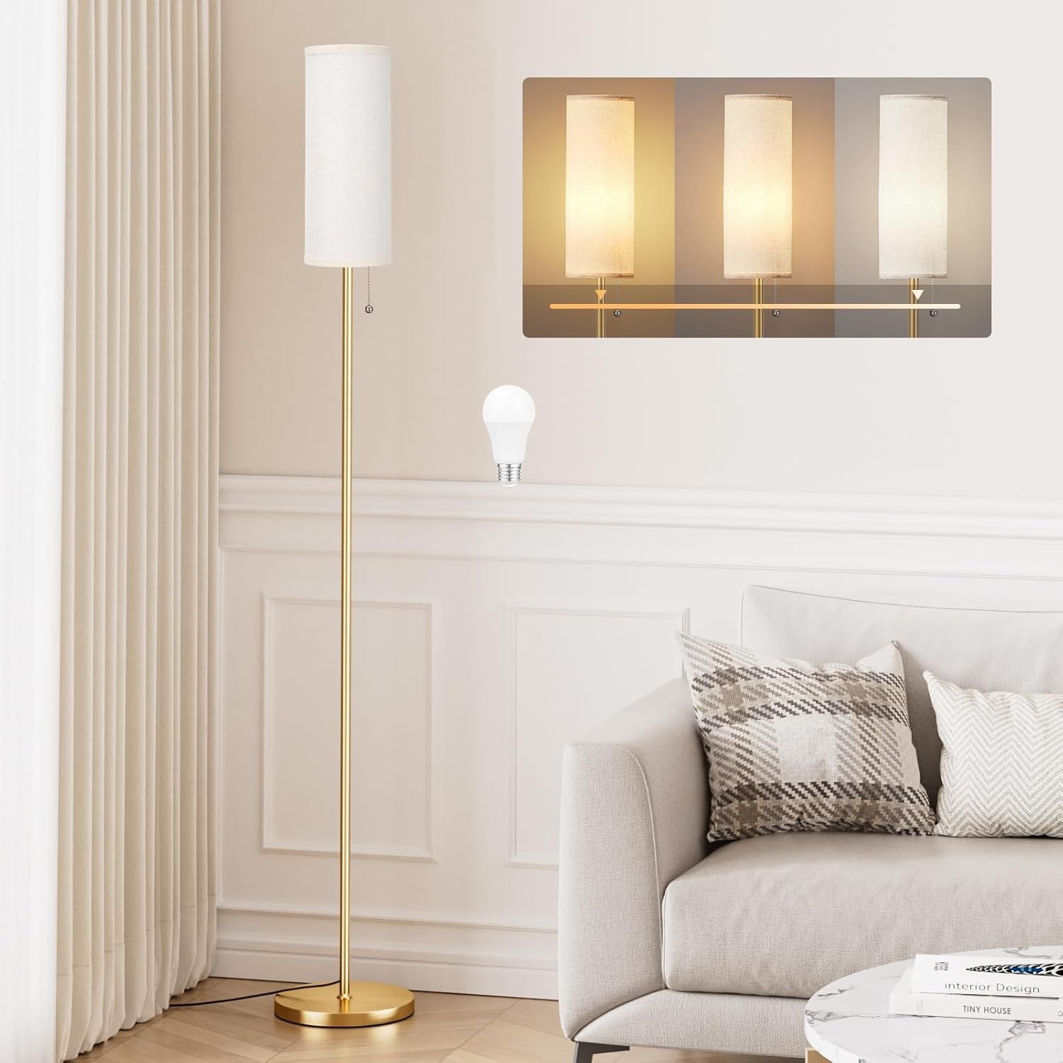 Gold Floor Lamp 64in Standing Lamp 3 Colour Bulb Bedroom Living Room