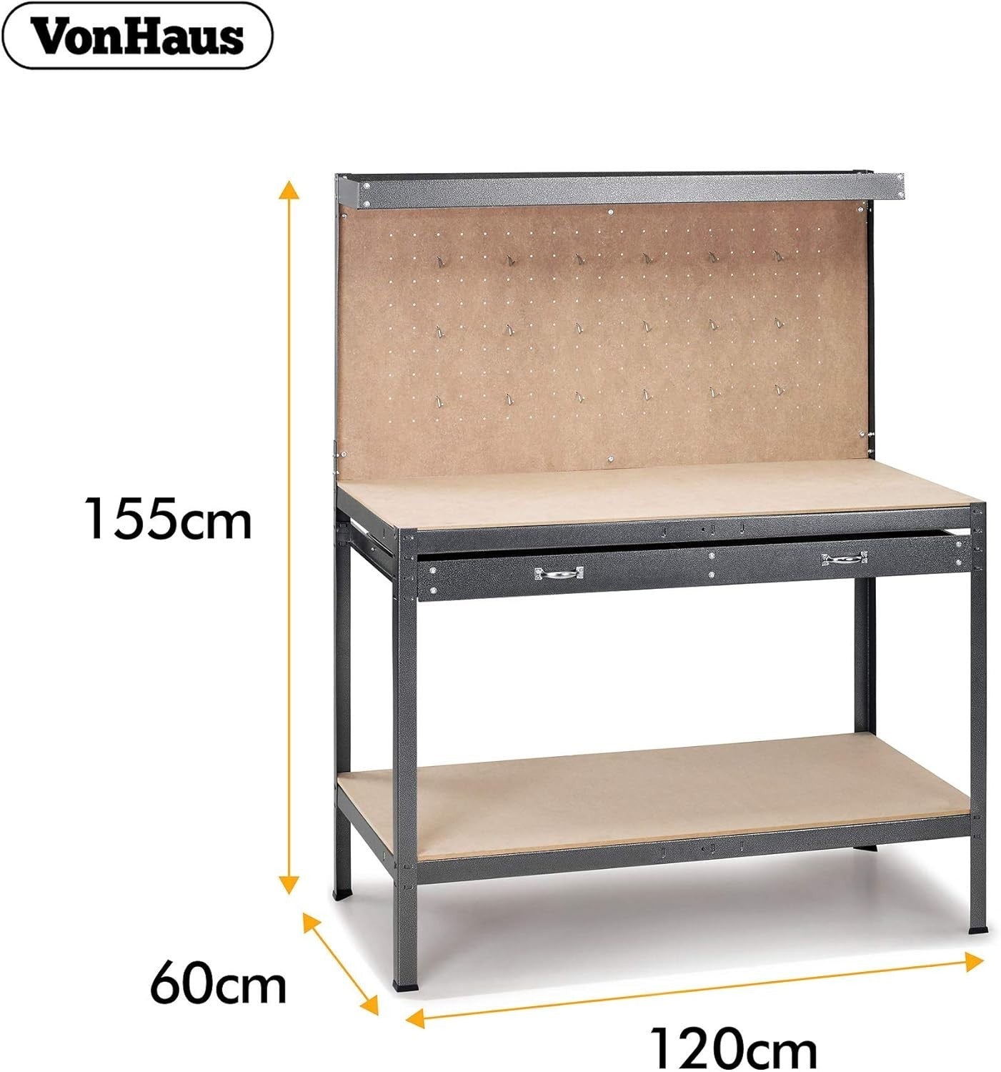 Garage Workbench with Pegboard Drawer Shelf 230kg Steel Frame 120cm Wide