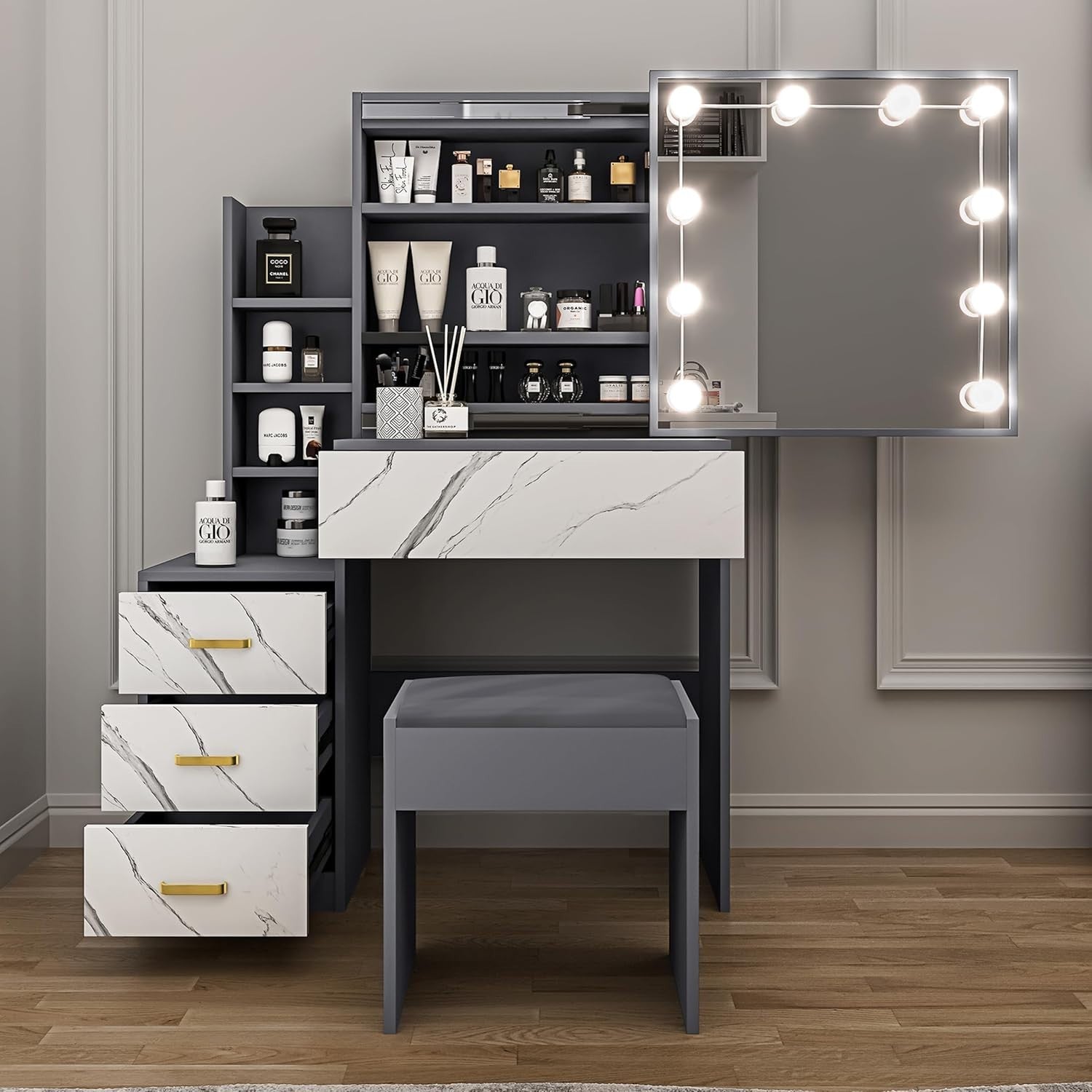 Corner Vanity Desk w/LED Mirror Lights 3 Drawers Cabinet Shelves Space Saver