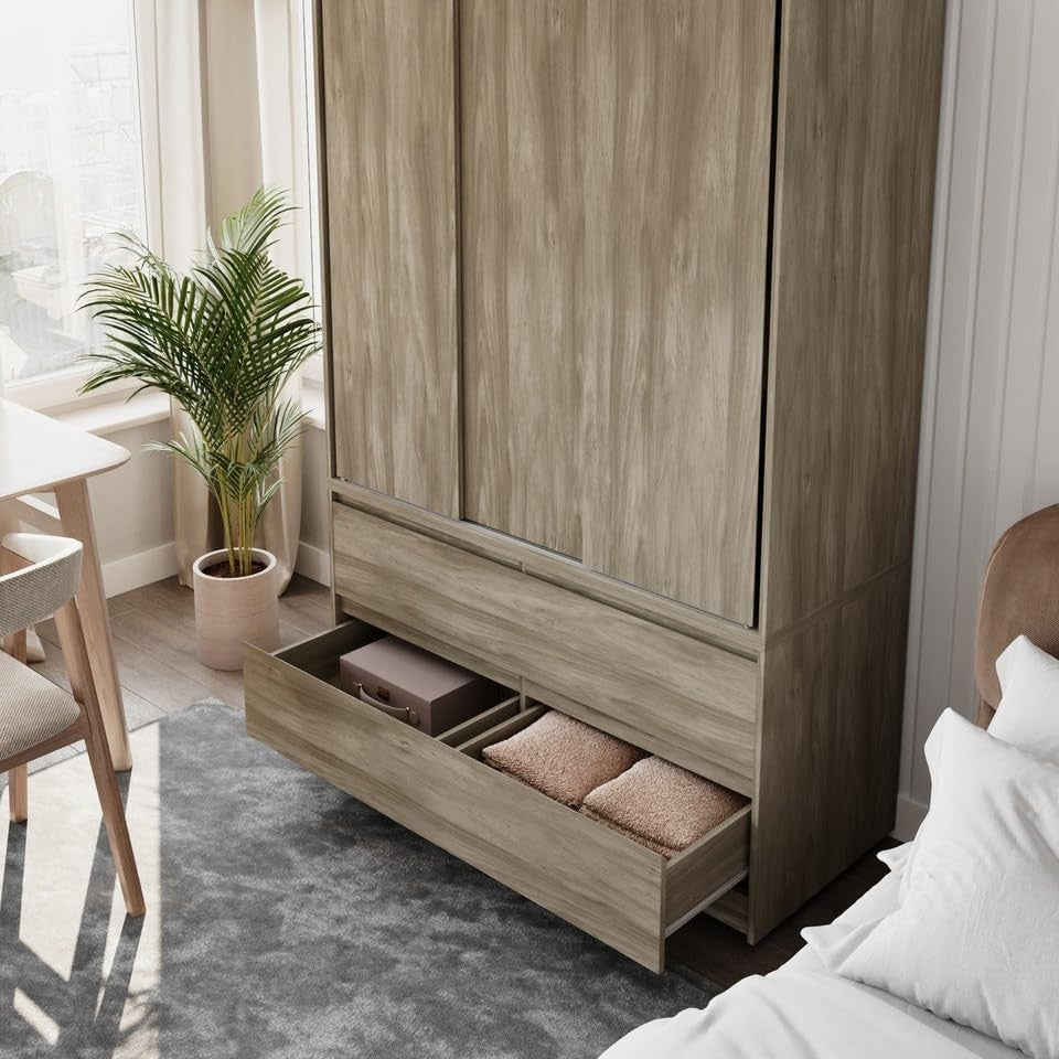 Oak Sliding Door Wardrobe with 4 Drawers & Hanging Rail – Space Saving