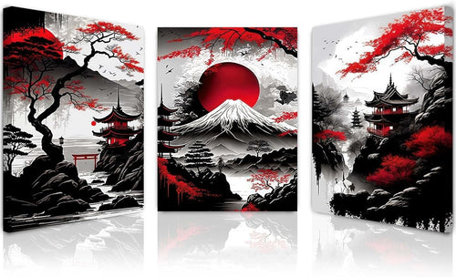Japanese Style Canvas Wall Art Set of 3 Framed Prints 12x16 Modern Decor
