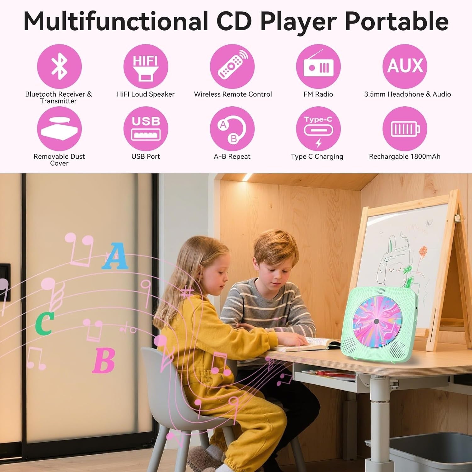 Portable CD Player Bluetooth Speakers FM Radio USB AUX Remote Green