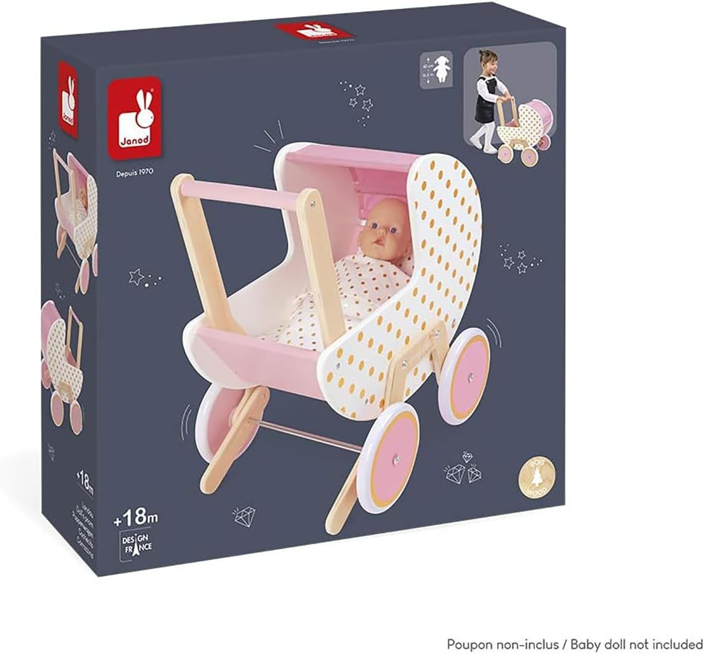 Wooden Candy Chic Doll Pram Pink/White with Pillow & Blanket Quiet Rubber Wheels
