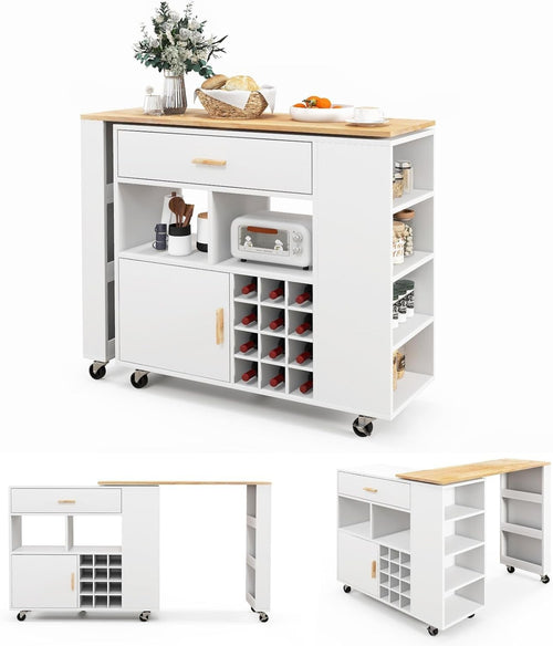 Large Kitchen Island Trolley w/ Wine Rack, Bar Table & Storage, White