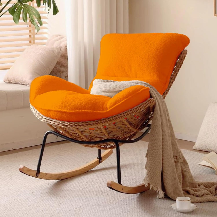 Oversized Yellow Rocking Chair with Plush Teddy Upholstery & Durable Rattan