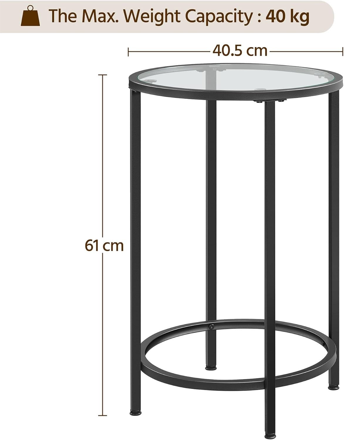 Set of 2 Round Glass Top Side Tables, Adjustable Feet, Modern Black Metal Frame