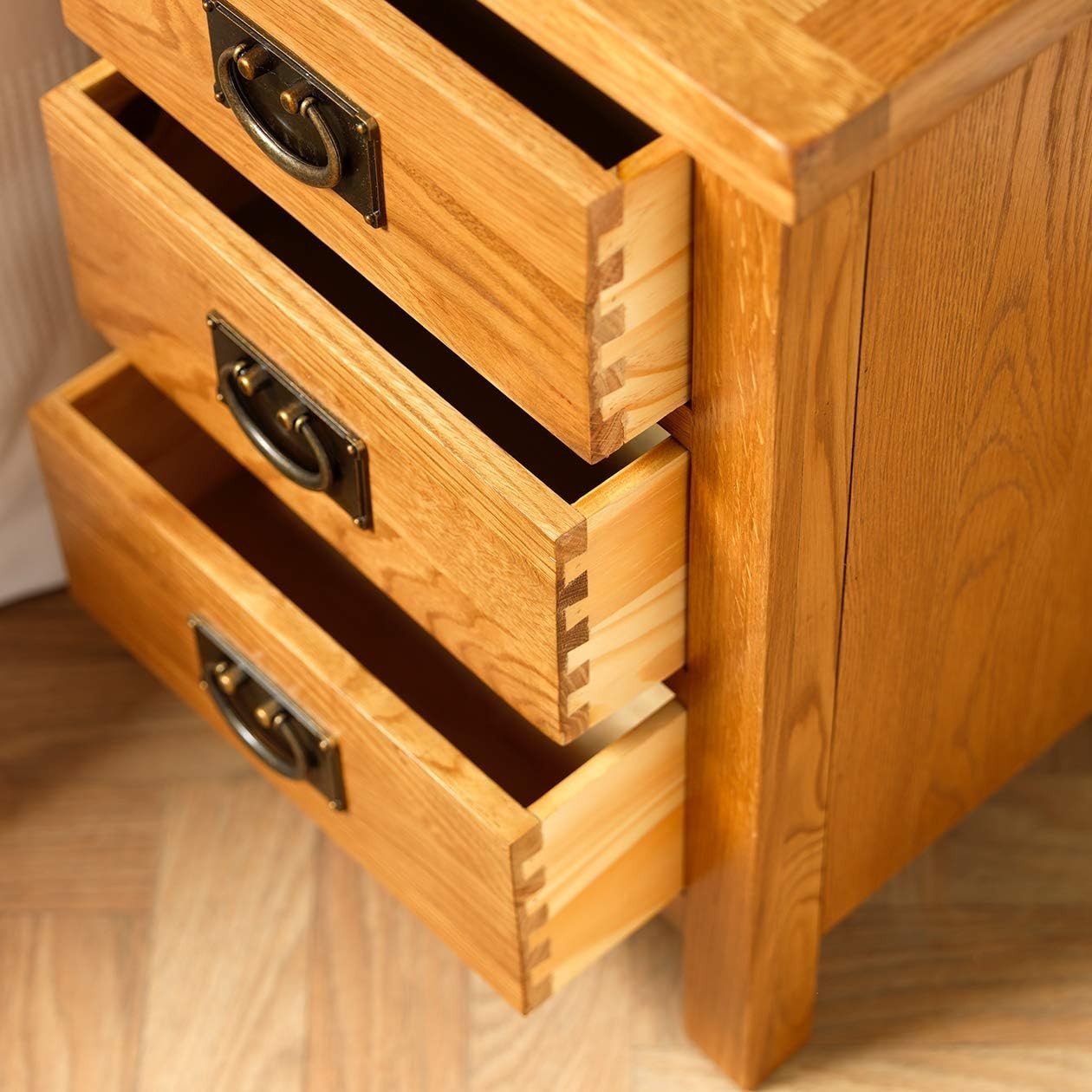Rustic Oak 3 Drawer Bedside Table – Solid Wood Nightstand Storage Cabinet