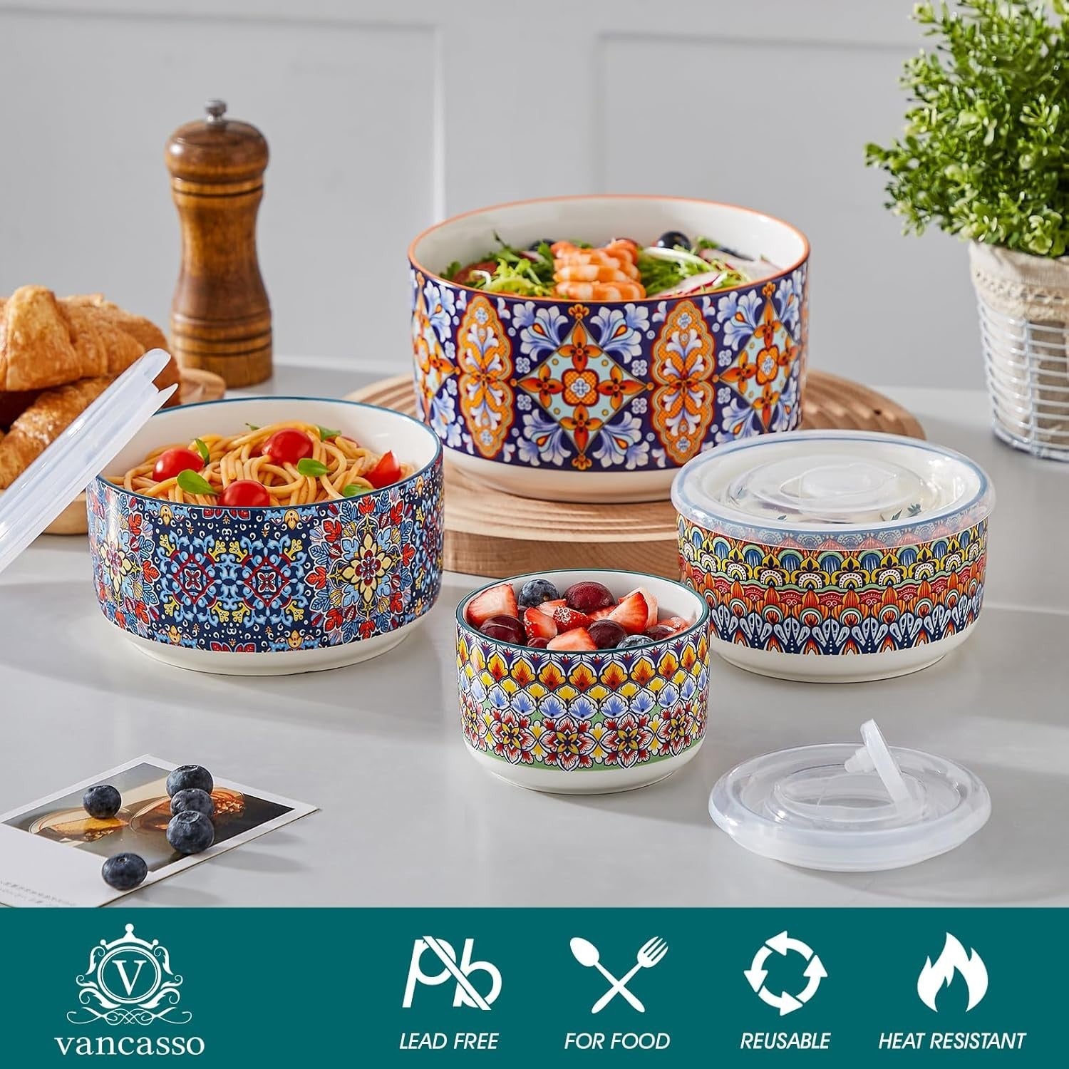 4-Piece Ceramic Mixing Bowls with Lids 60-10oz Microwave Safe