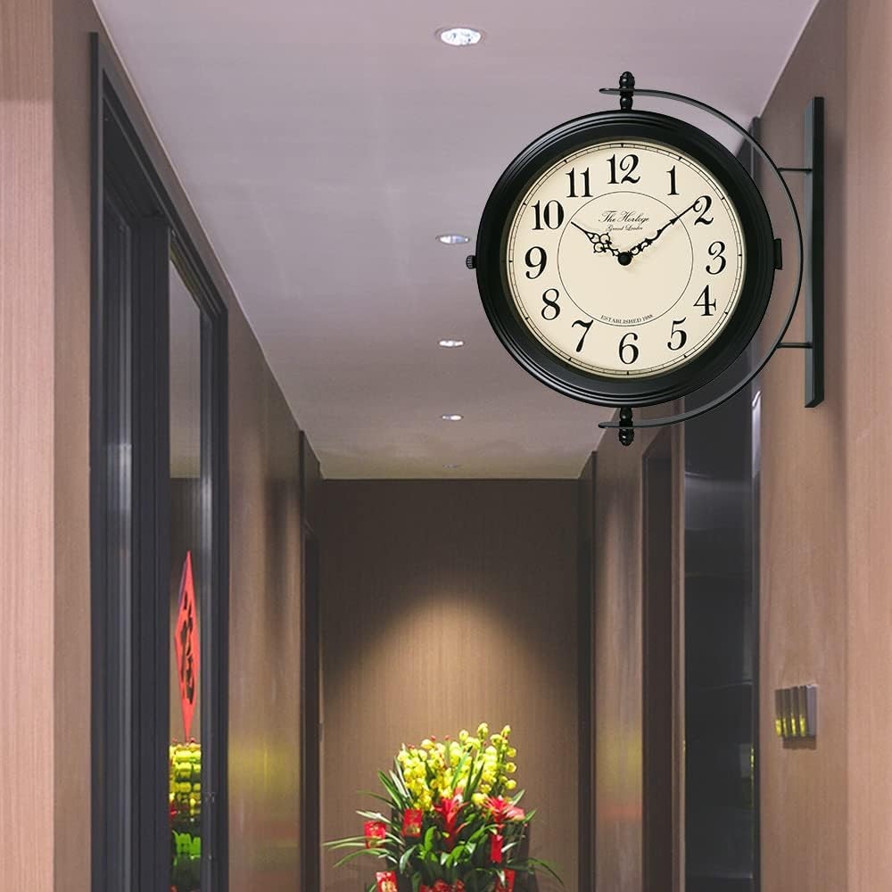 16” Double Sided Wall Clock Black Iron Retro Station Outdoor Indoor Decor