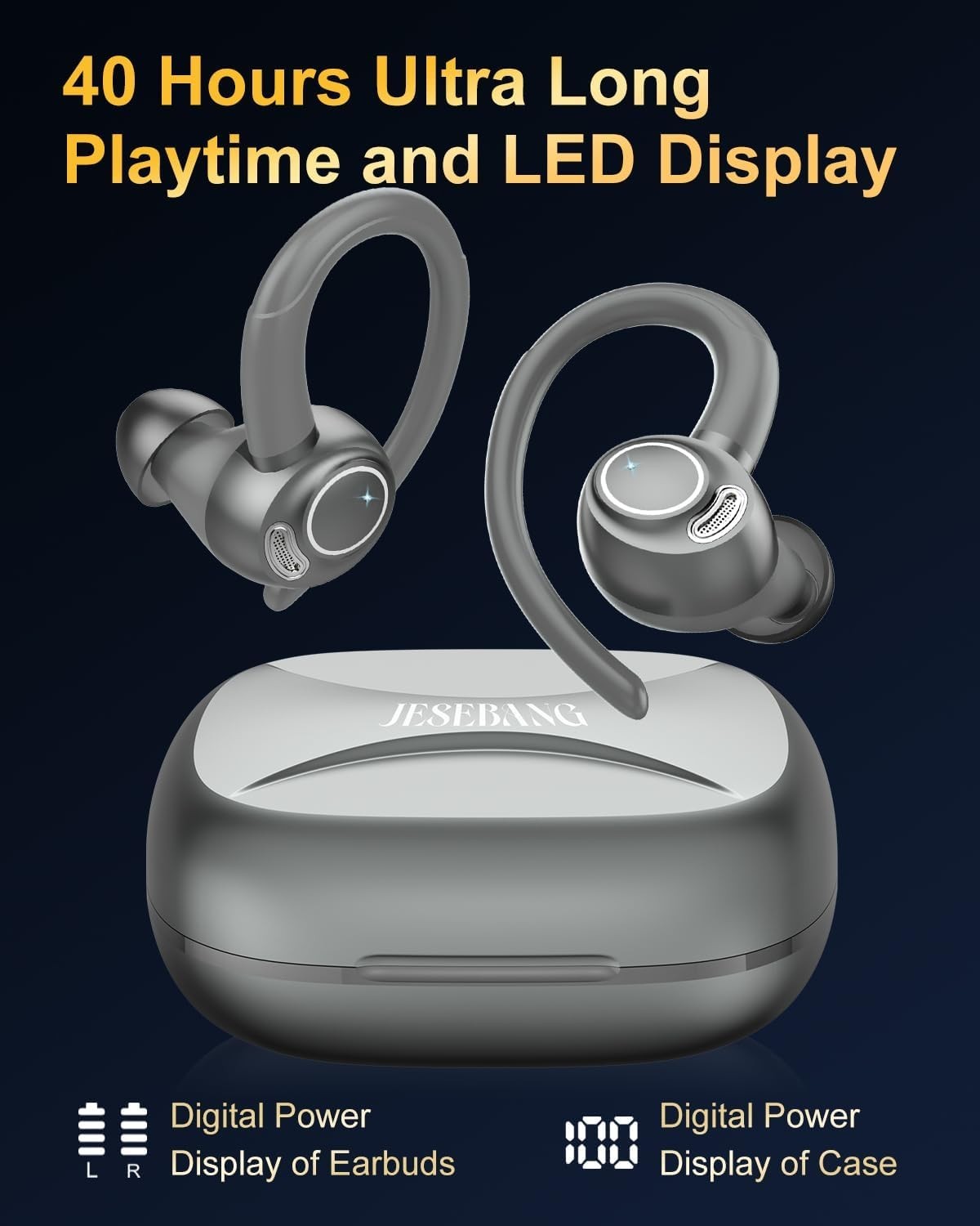 Grey Bluetooth 5.3 Earbuds 40H ENC Mic LED Display Sport Waterproof