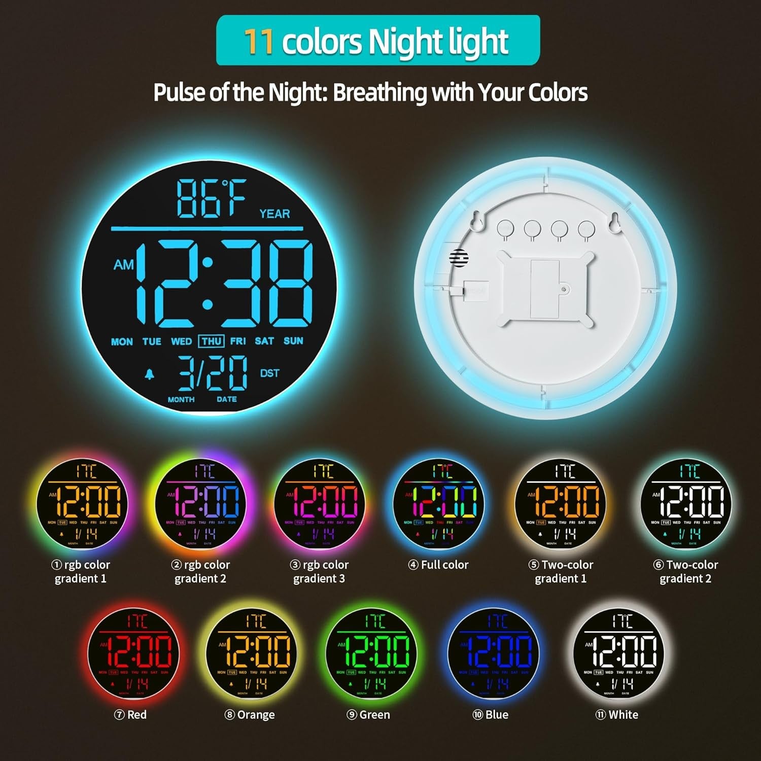 White Blue 10in Large Digital Wall Clock RGB LED Remote Auto Bright