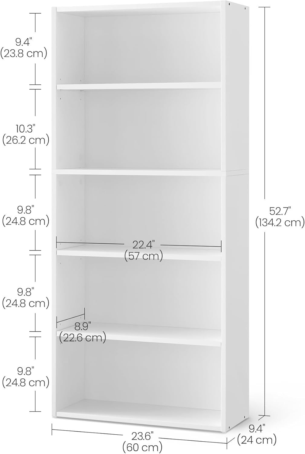 5 Tier Wooden Bookcase Tall Storage Display Book Shelf for Living Room White