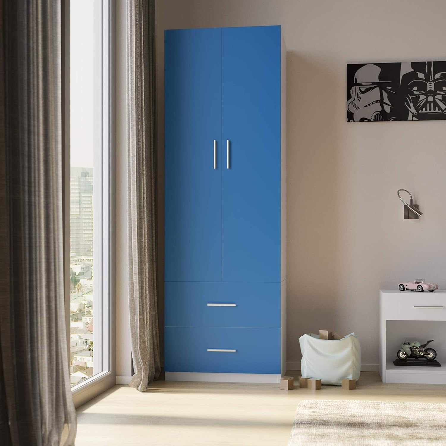 Kids 3pc Bedroom Set with Wardrobe, Chest & Bedside Table, Blue