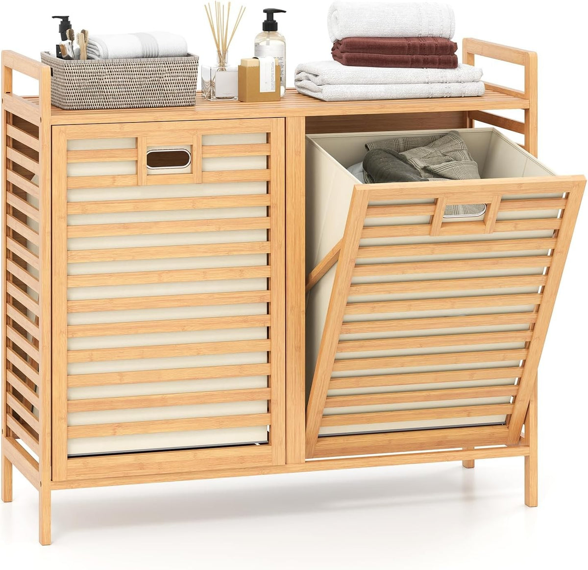 Bamboo 2 Compartment Tilt Out Laundry Hamper Cabinet with Shelves 80x30x72cm