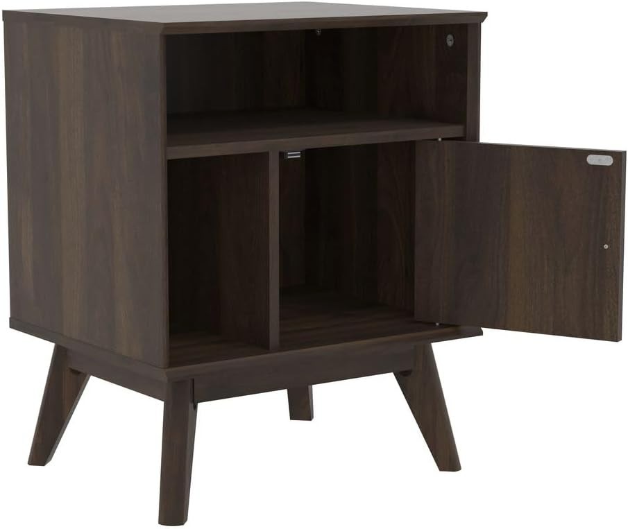 Modern Walnut Bedside Table with Drawer & Open Shelf – Slim Wooden Side Table