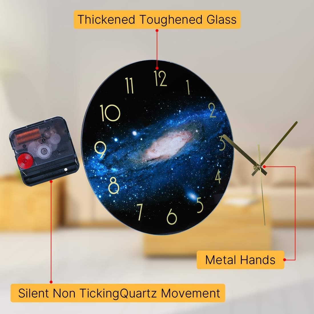 12" Night Sky Glass Wall Clock Silent Non-Ticking Modern Galaxy Decor