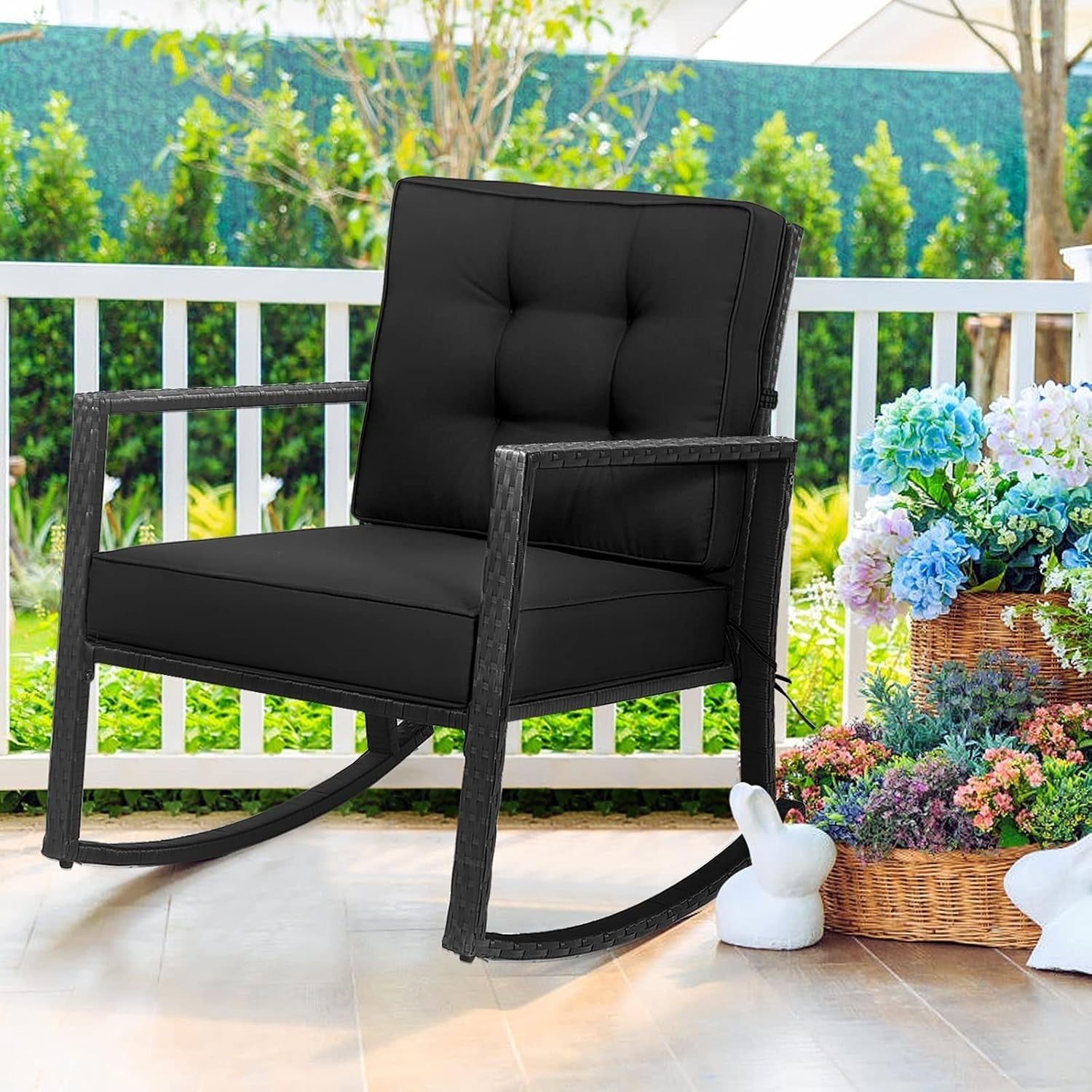 Outdoor Rattan Rocking Chair Black with Cushions, Armrests & Iron Frame
