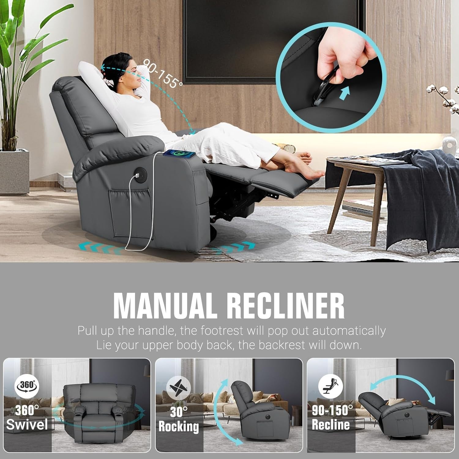 Swivel Rocker Recliner Massage Heat USB Type-C Faux Leather Dark Grey