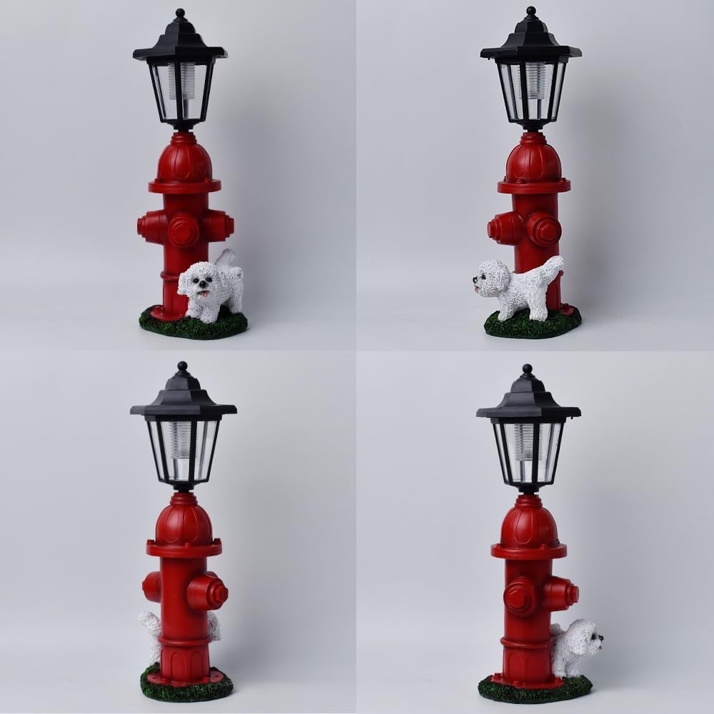 Puppy Garden Ornament with Hydrant & Solar Lamp • Resin Outdoor Statue Decor