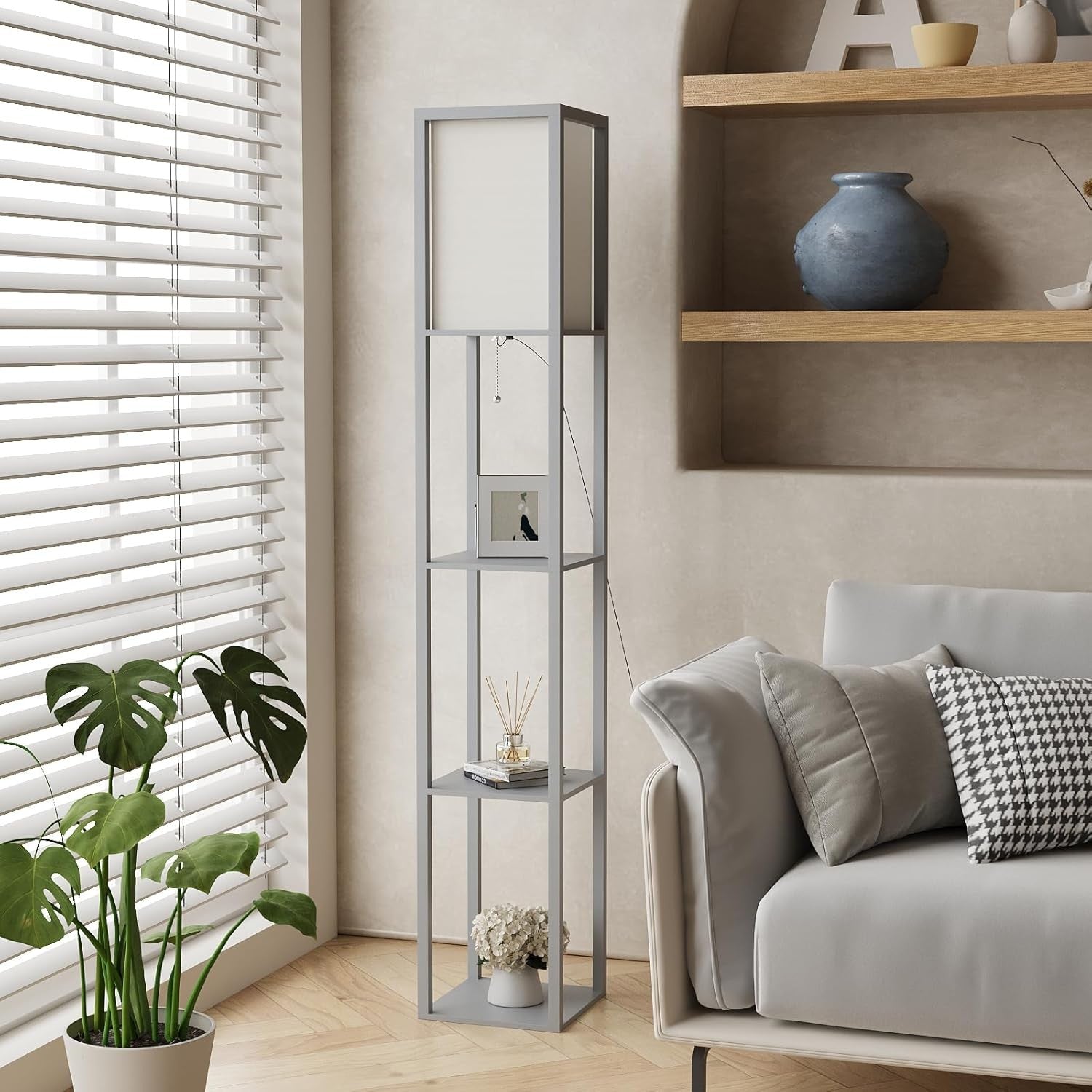 Floor Lamp with Shelves Wooden Storage Standing Light Modern Bedroom Living