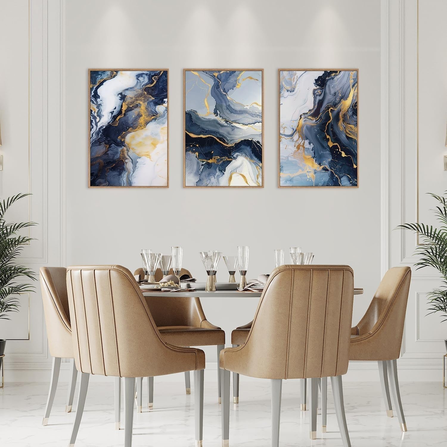 Blue Abstract Framed Canvas Wall Art Set 3 Modern Gold Navy Decor 16x24
