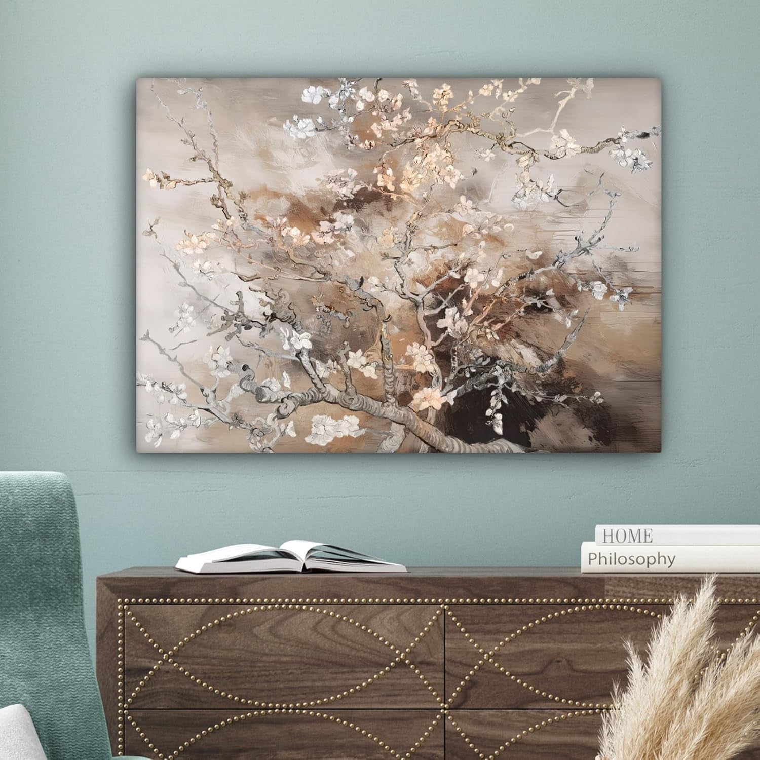 Almond Blossom Abstract Canvas Wall Art Beige Floral 70x50cm Living Room Decor