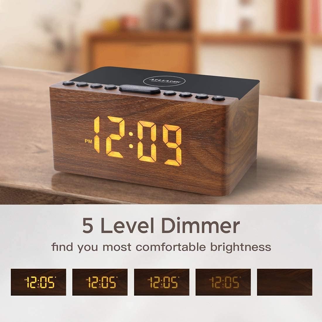Wooden FM Radio Alarm Clock Wireless Charger USB Bedside Digital Display
