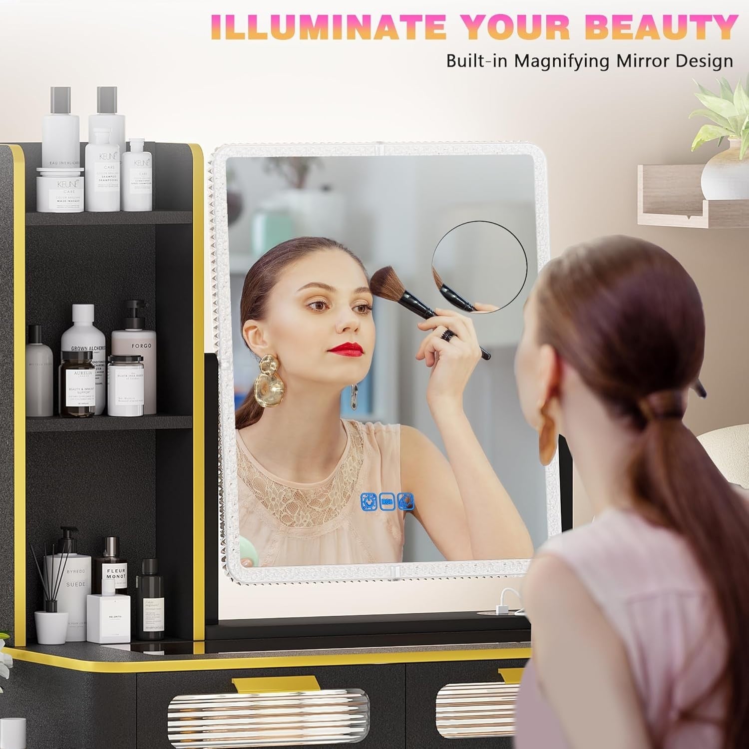White Vanity Dressing Table Set 3 Mode LED Mirror Charging Station 5 Drawers Sto