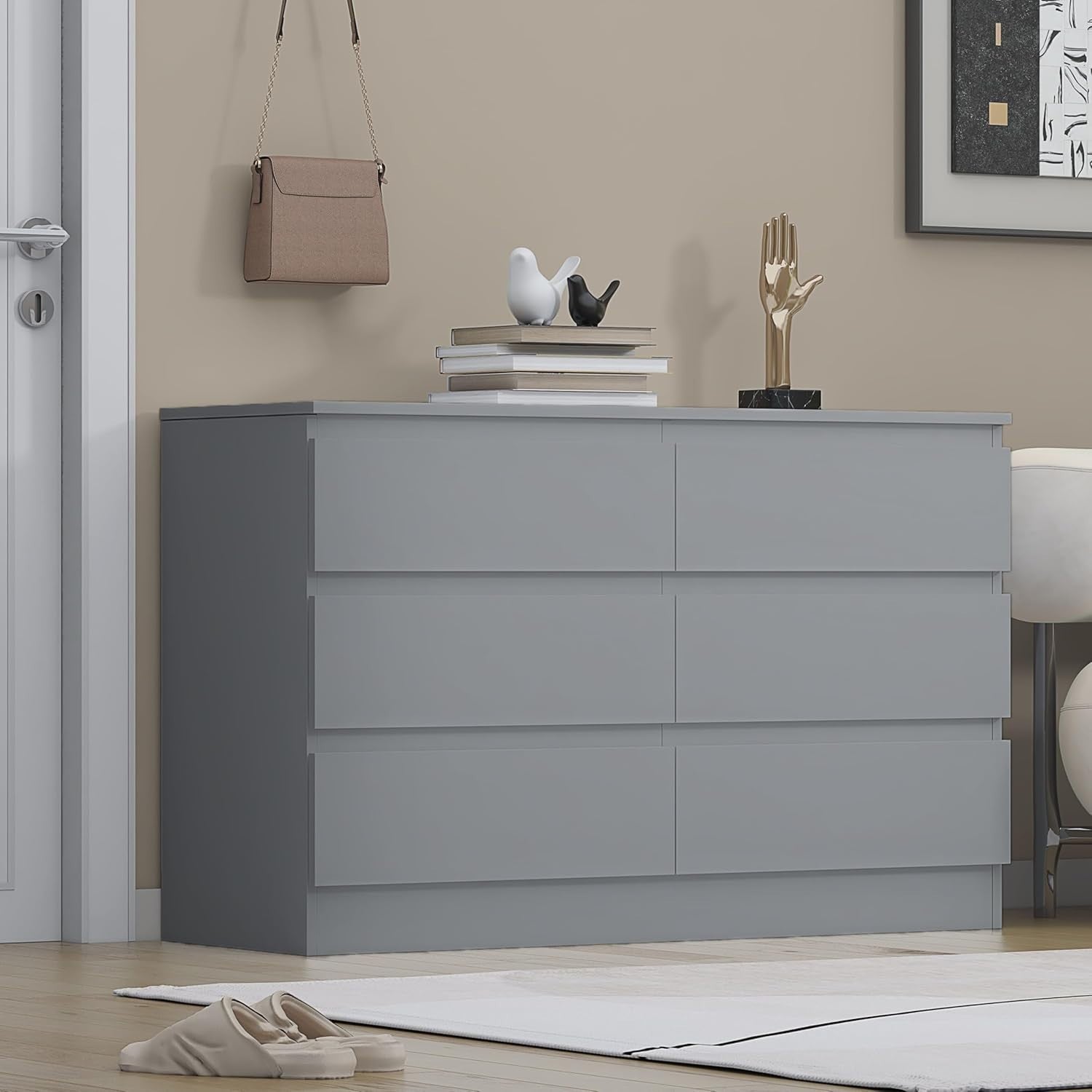 Grey 6 Drawer Chest Dresser Unit Bedroom Storage Cabinet Modern MDF