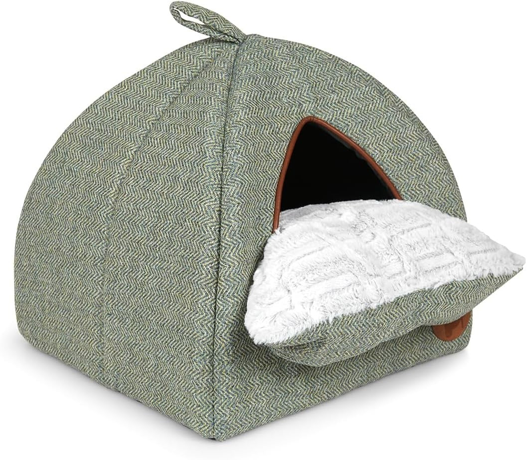 Sage Herringbone Cat Igloo Bed Cozy Pet Hideaway Soft Cushion 40x40x35