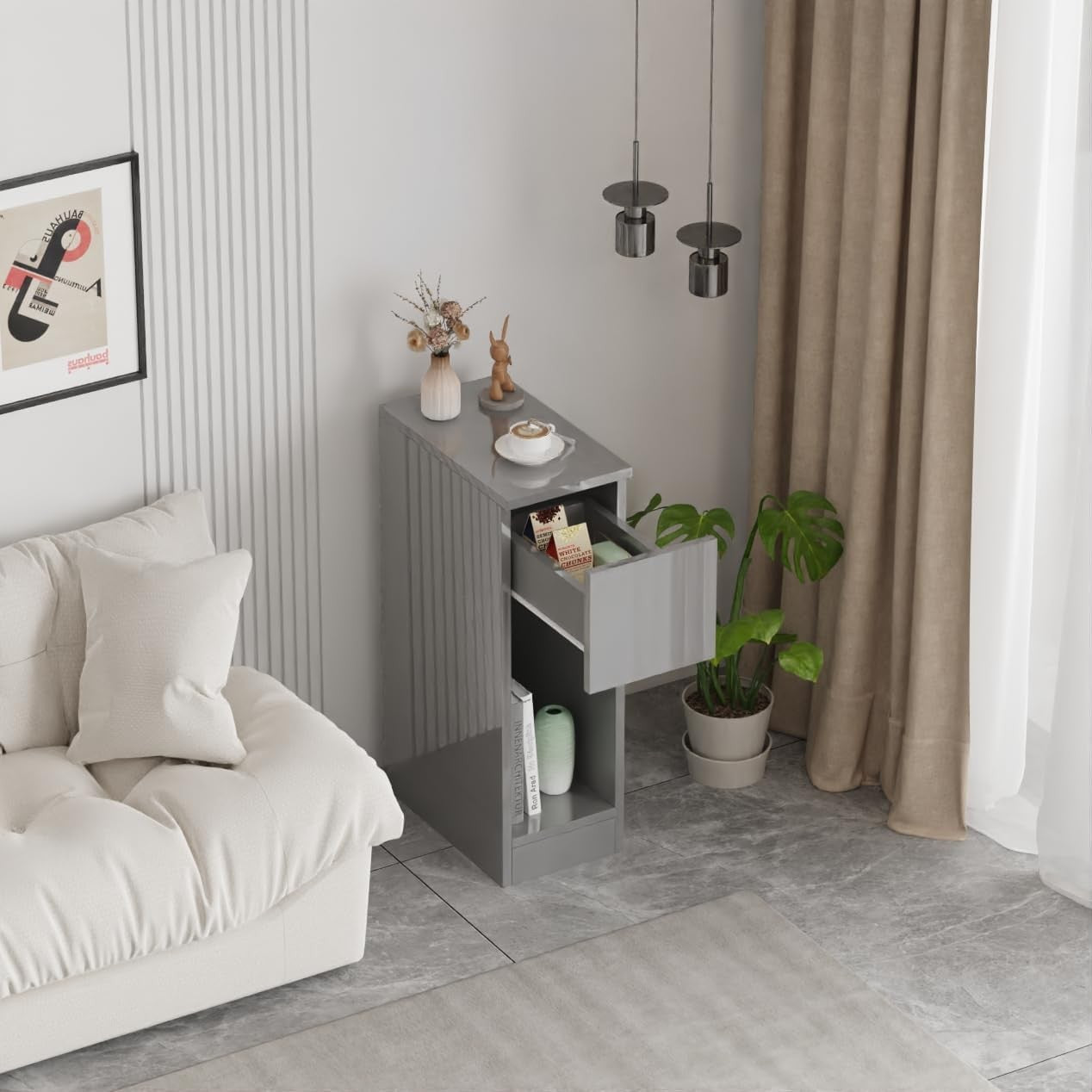 Slim Grey High Gloss Bedside Table with Drawer & Shelf Narrow Nightstand