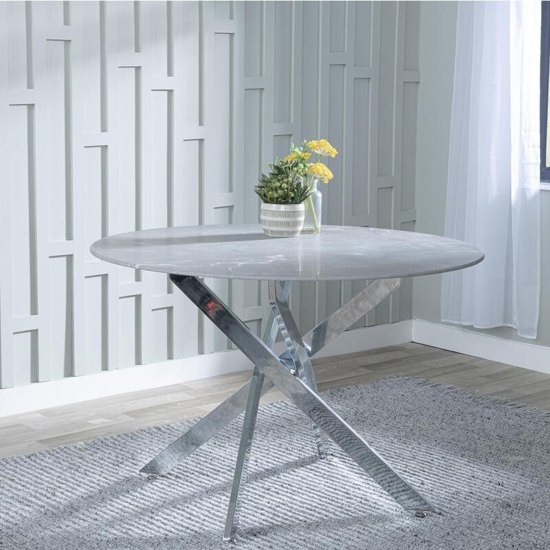 Round Grey Glass Dining Table Set 4 Chairs Chrome Metal Faux Leather