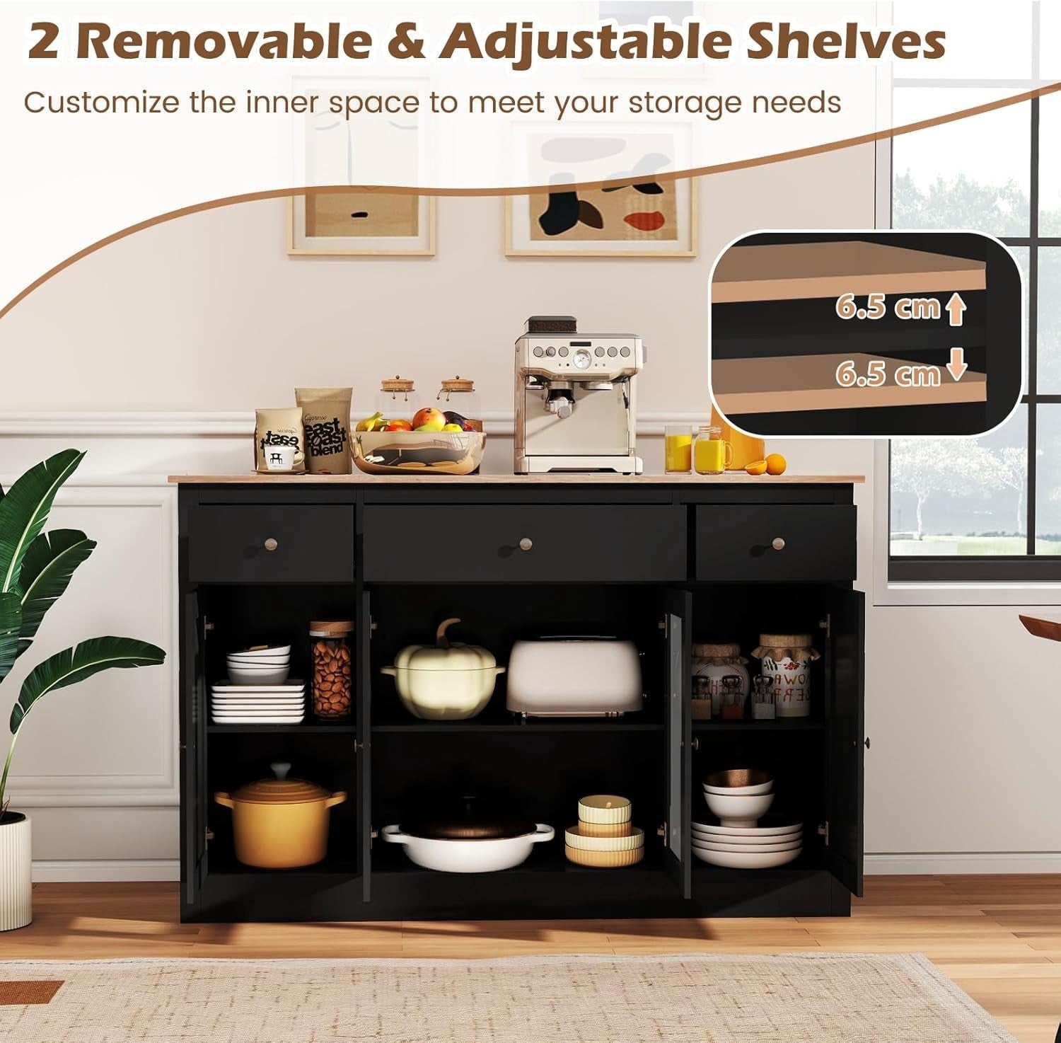 140cm Black Buffet Sideboard Cabinet 3 Drawers 2 Glass Doors Adjustable Shelves