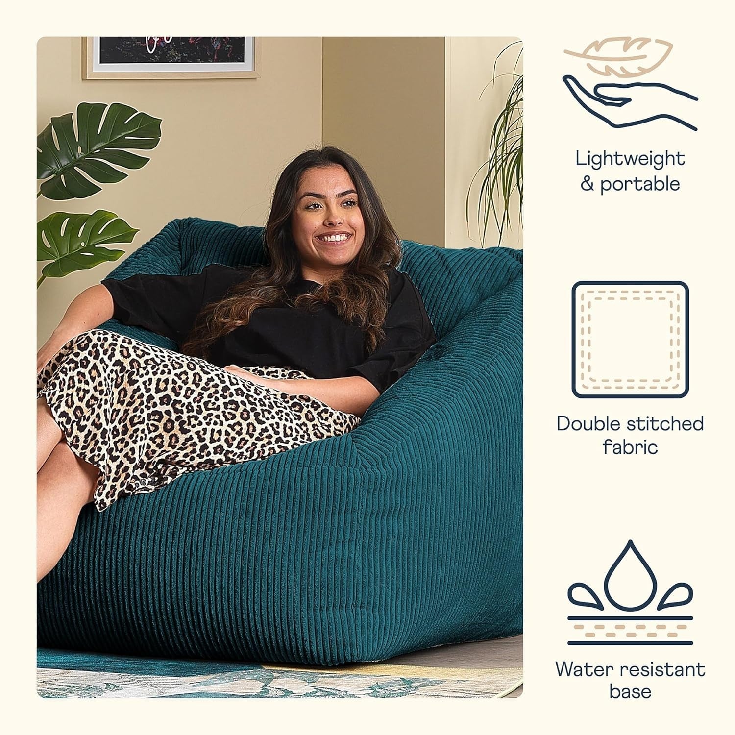 Teal Cord Bean Bag Chair Adult Sofa Seat Lounge Armchair for Home Gaming