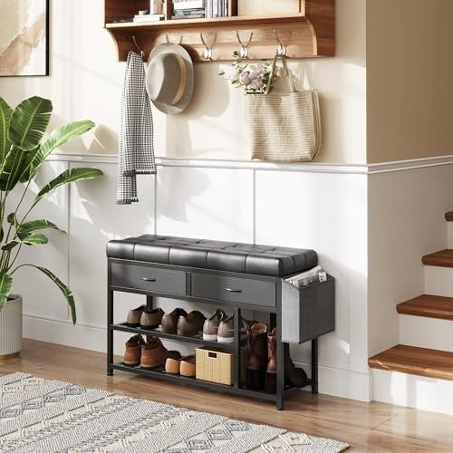 Black Metal Shoe Storage Bench, Cushion Seat & Fabric Drawers Entryway Organizer