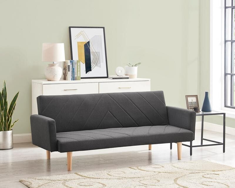 3 Seater Dark Grey Fabric Sofa Bed Chevron Clic Clac w/ Wood Legs