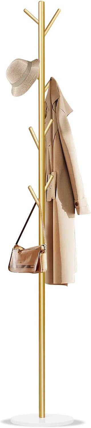 Gold Metal Coat Rack 8 Hooks with Marble Base Freestanding Hall Stand