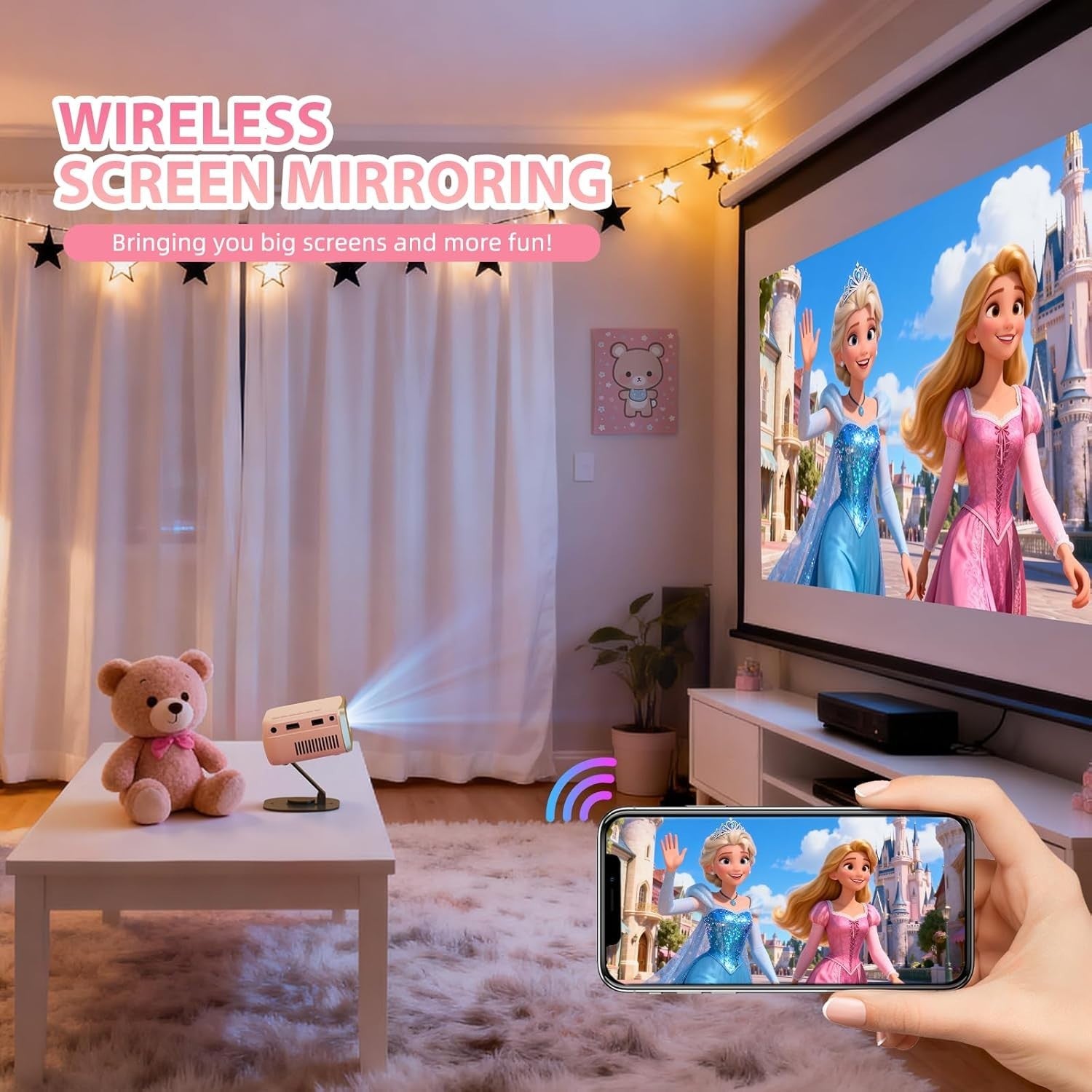 Mini Projector 1080P Portable HDMI USB Phone Pink Outdoor