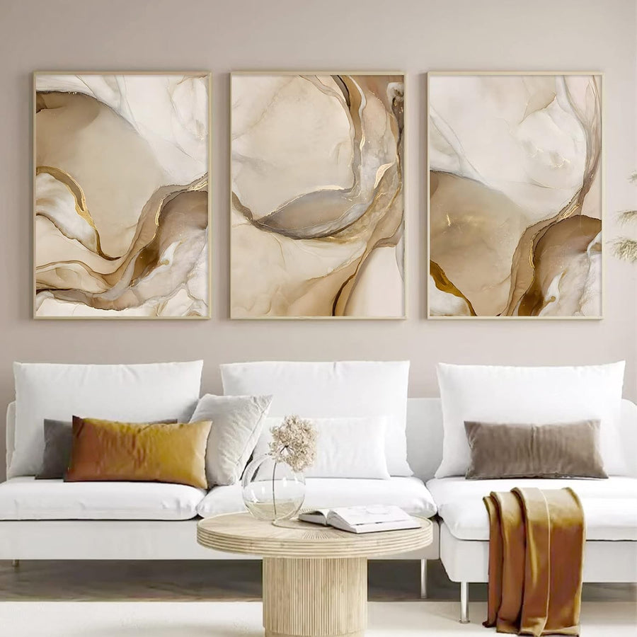 Brown Gold Marble Wall Art Set 16x24in Abstract Canvas