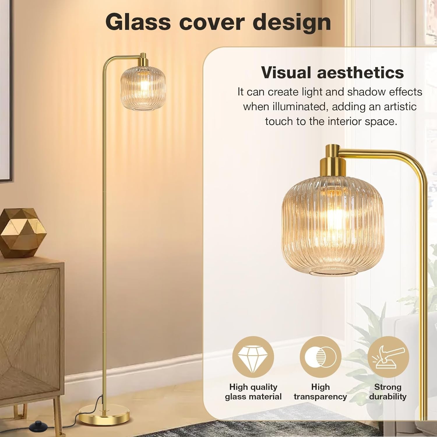 Modern Floor Lamp Tall Standing Light Pedal Switch Glass Shade Living Room