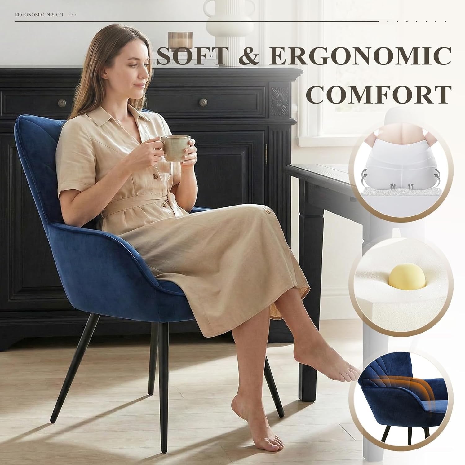 Blue Velvet Accent Chair Armchair Black Metal Legs Wide Seat