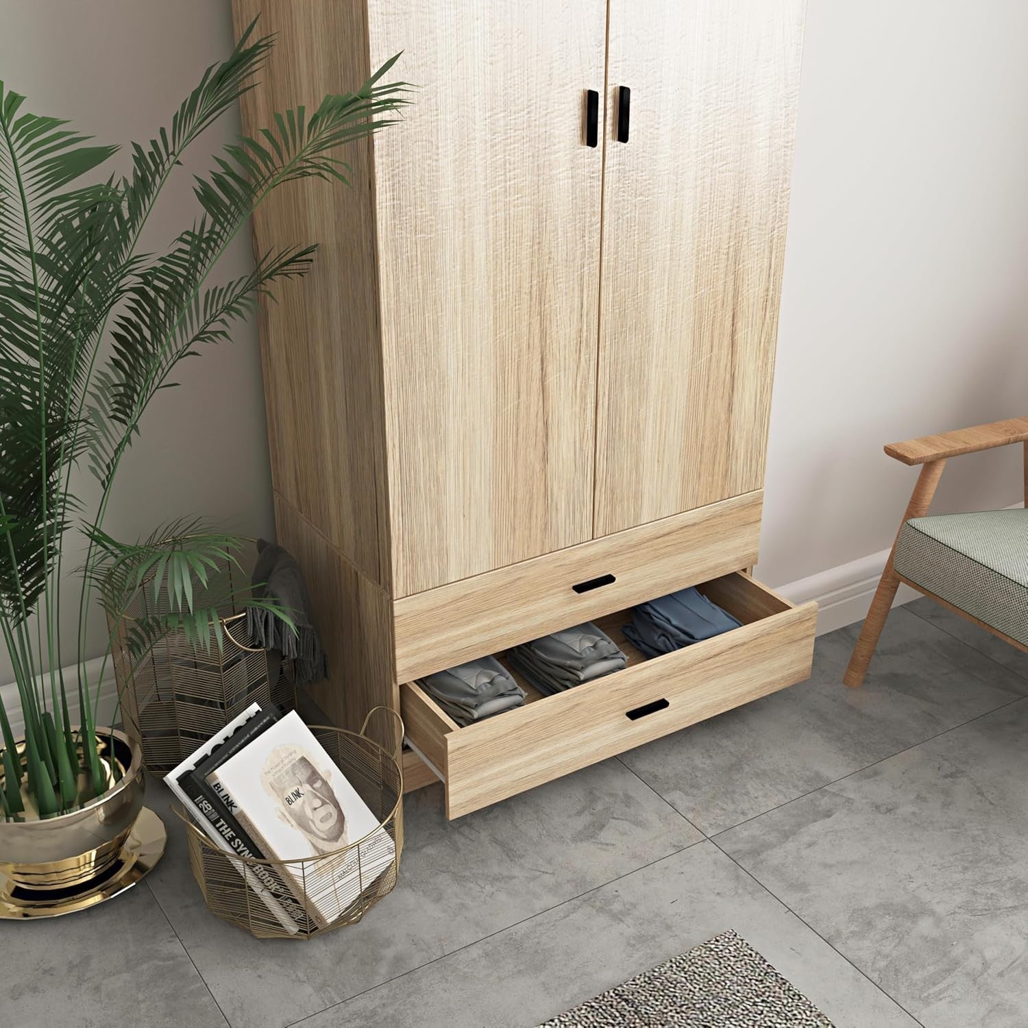 Modern Oak 2 Door Wardrobe with Drawers | Bedroom Storage & Hanging Rail