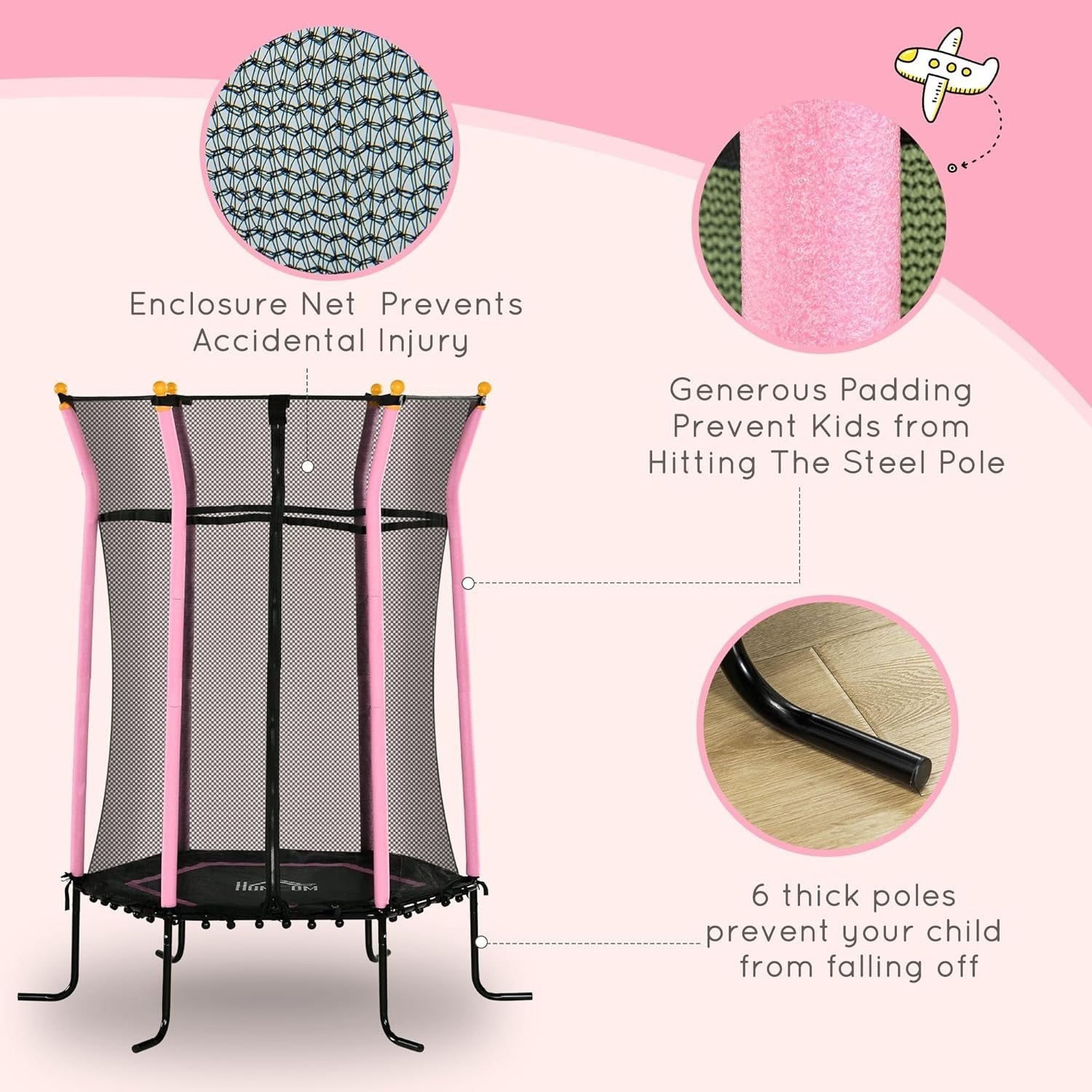 5.4FT Kids Trampoline Safety Enclosure Springless Indoor Pink