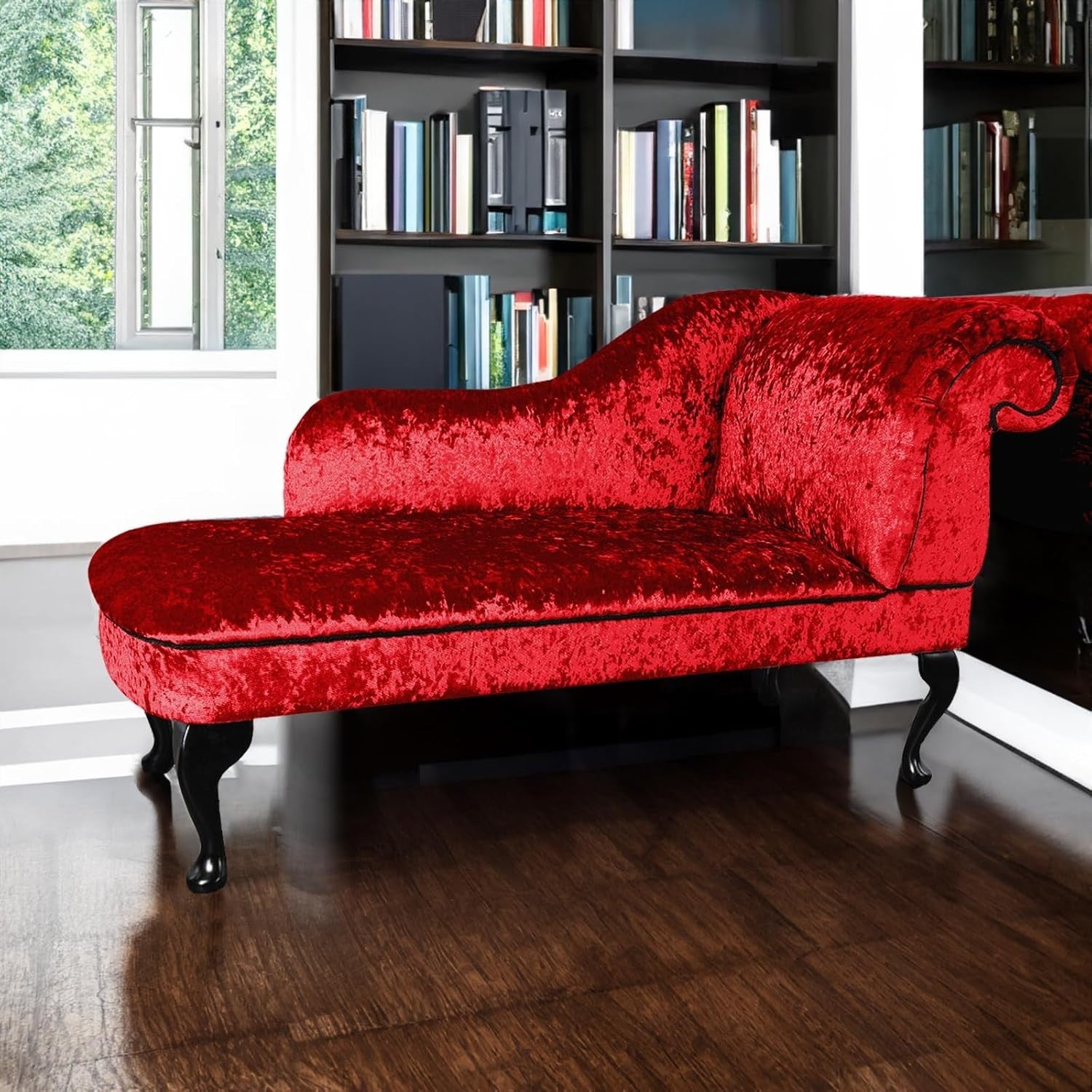 Velvet Chaise Lounge Sofa Red | Queen Anne Legs | Right Hand | 135cm Long