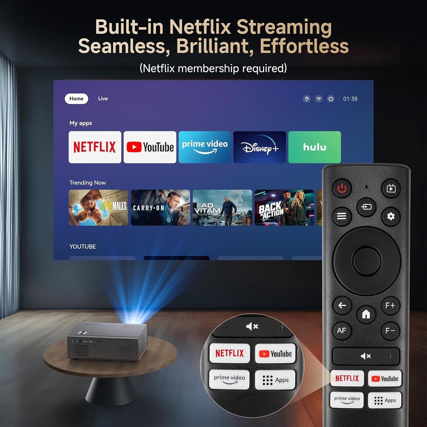 1200ANSI 1080P Smart Projector Netflix 4K WiFi6 Bluetooth