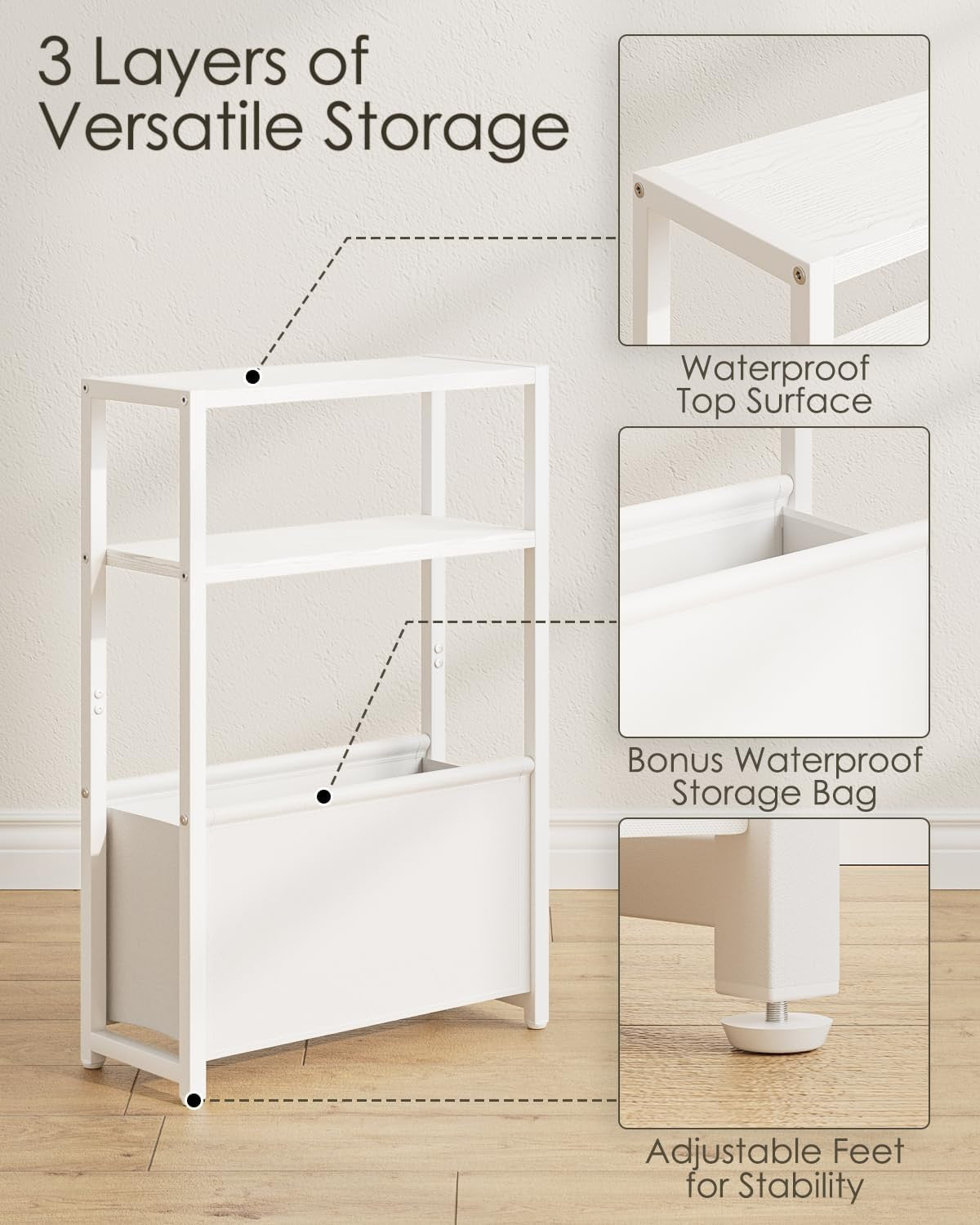 Slim White Side Table with Storage, Space-Saving Design for Small Spaces
