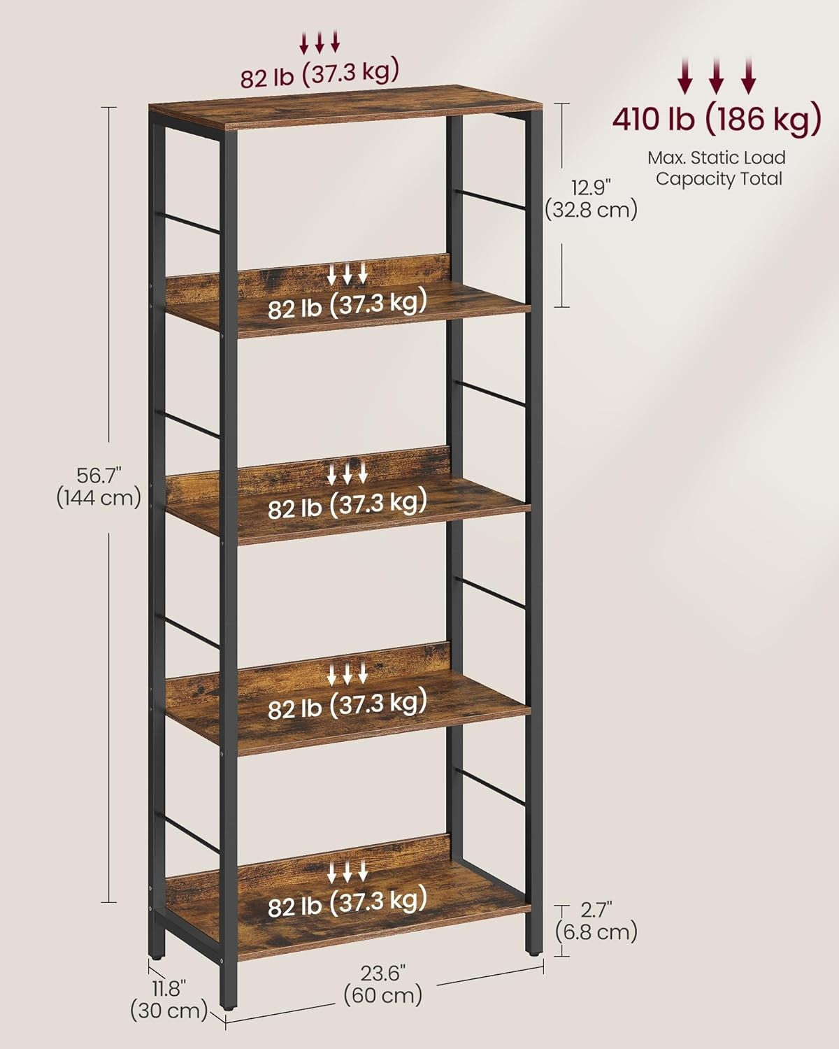 5-Tier Industrial Bookshelf Unit | Rustic Brown Storage Shelving for Home Office