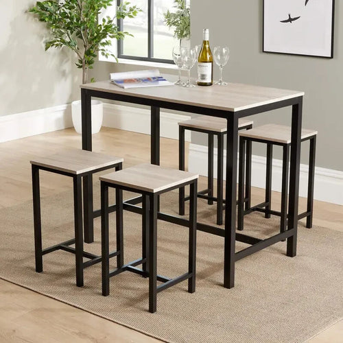 5 Piece Industrial Dining Table Set Oak MDF Top with 4 Stools Space Saving