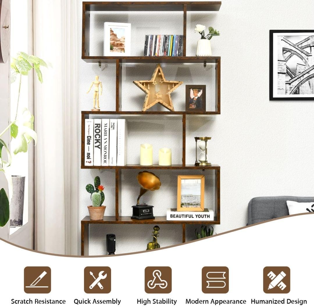 S-Shaped 6 Tier Bookcase Tall Freestanding Storage Shelving Unit 80x23x192cm